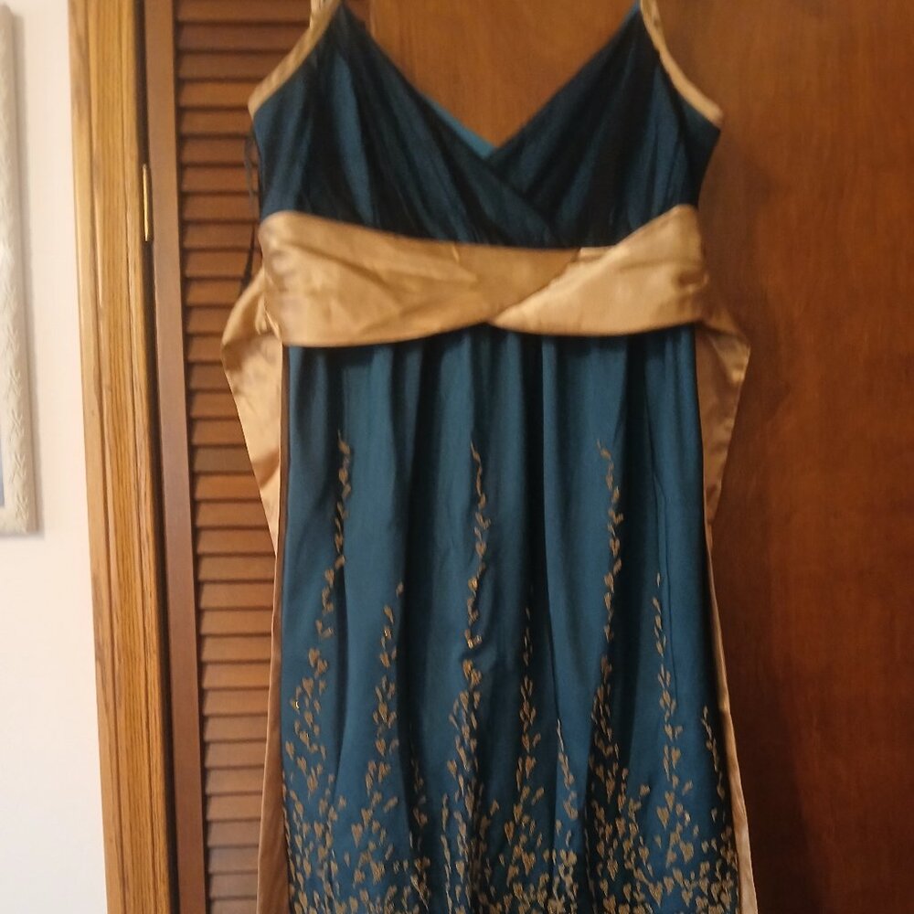 Emerald Green short dress with gold sashing